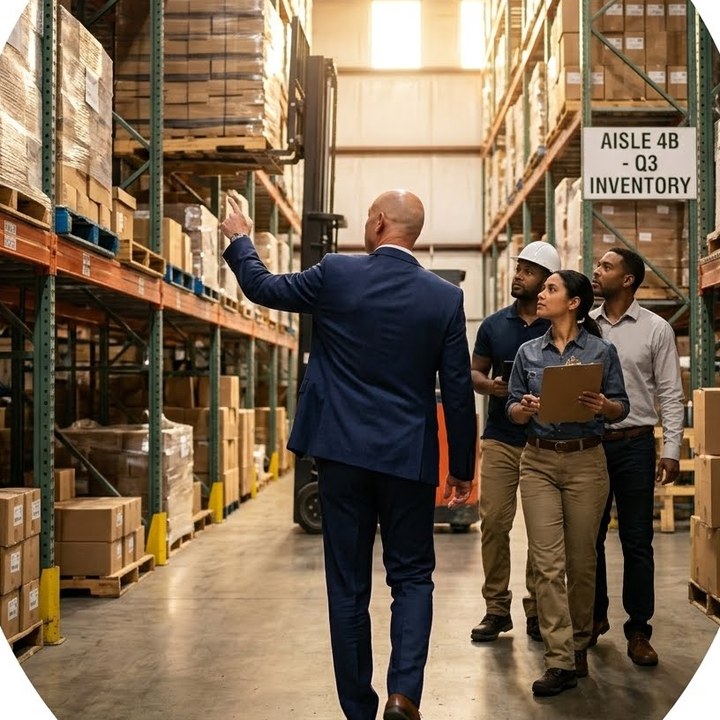 Douglas Solomon walking a warehouse floor with his team